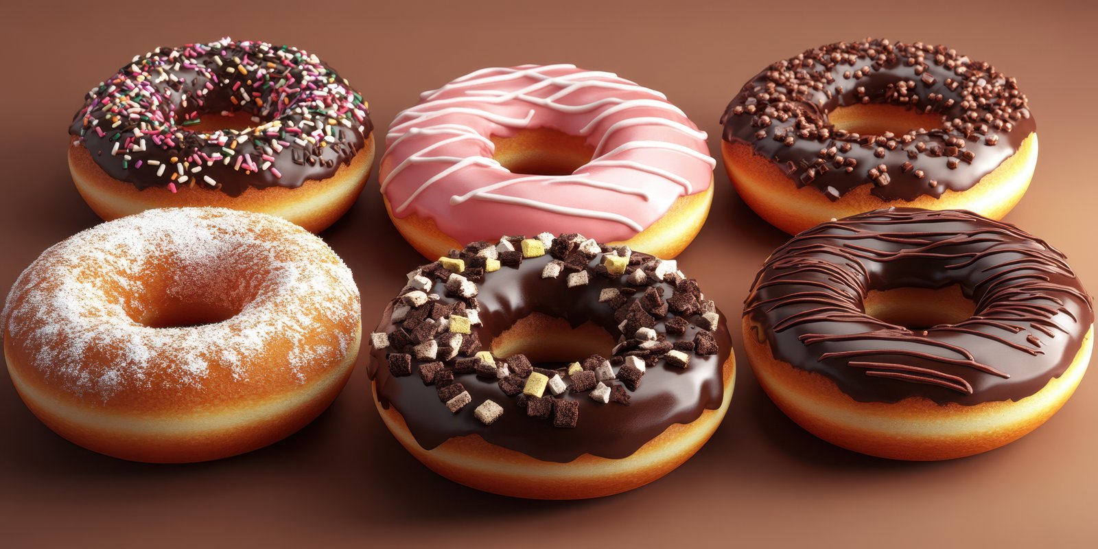 Assorted donuts with chocolate and fruit toppings arranged on a brown background